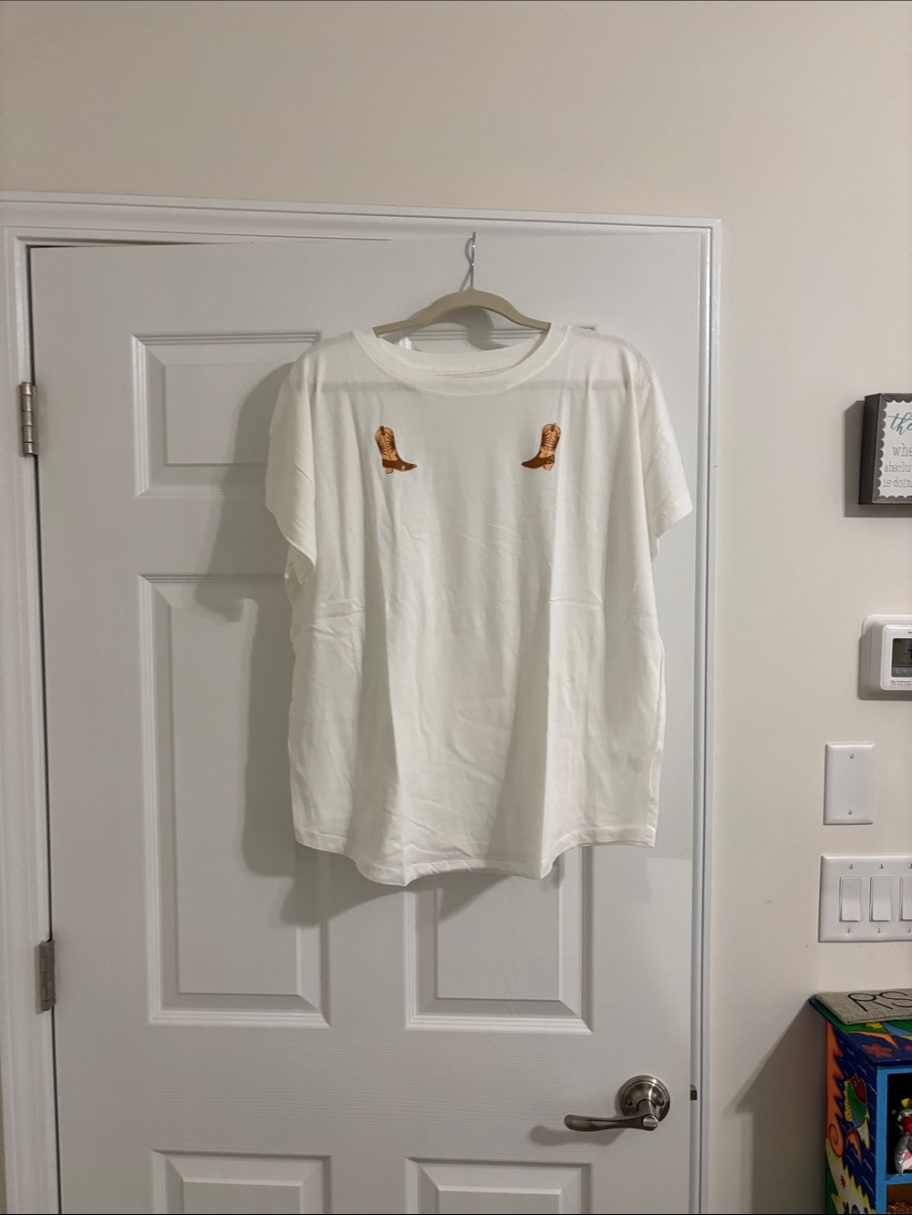 White Tee with Small Cowboy Boot Embroidery